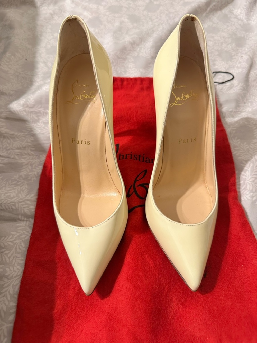 SOLD AUTHENTIC Christian Louboutin Ivory Patent Leather Pointed Toe Pumps